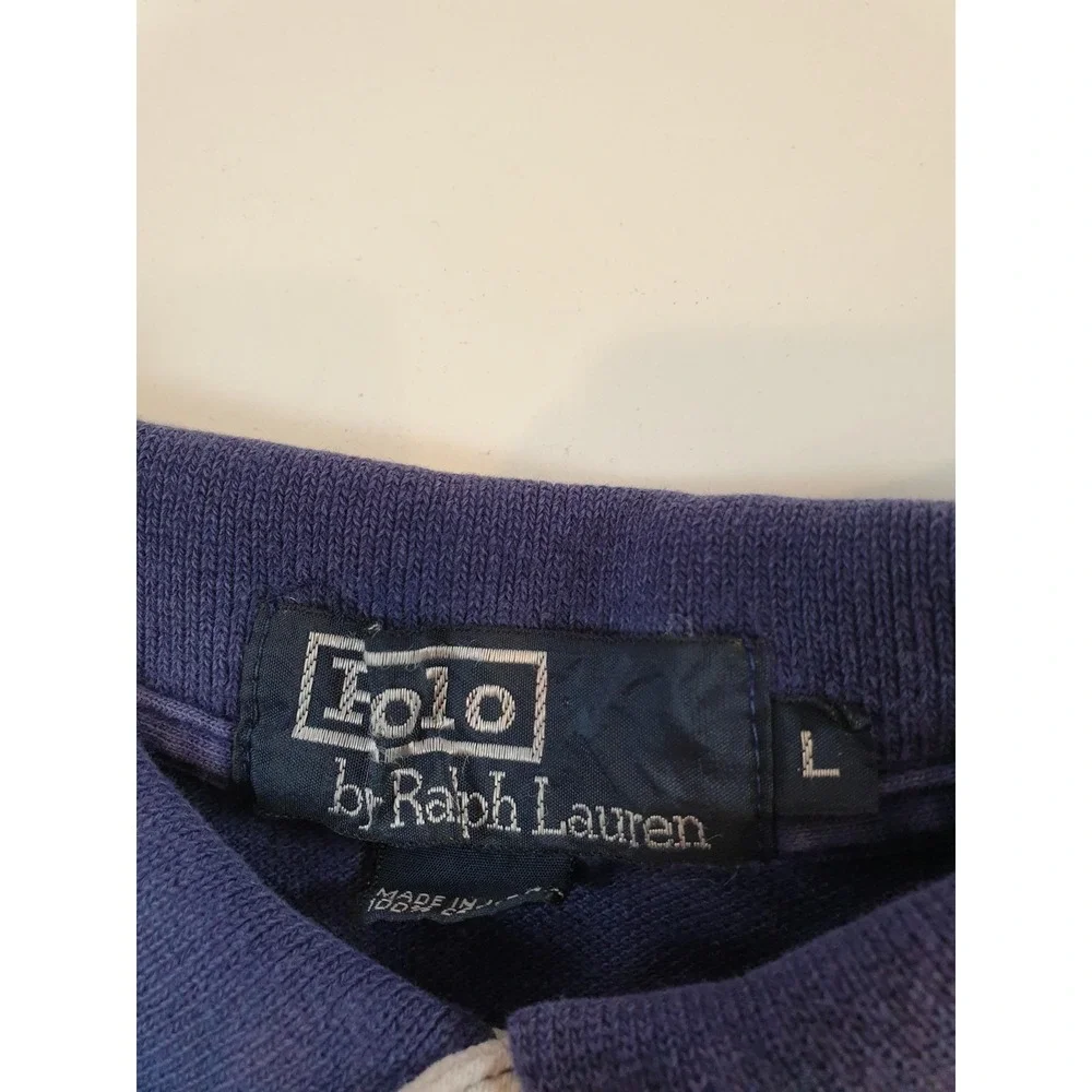 VTG Polo Ralph Lauren Polo Shirt Mens Large Navy Stripe Red Pony USA 90s